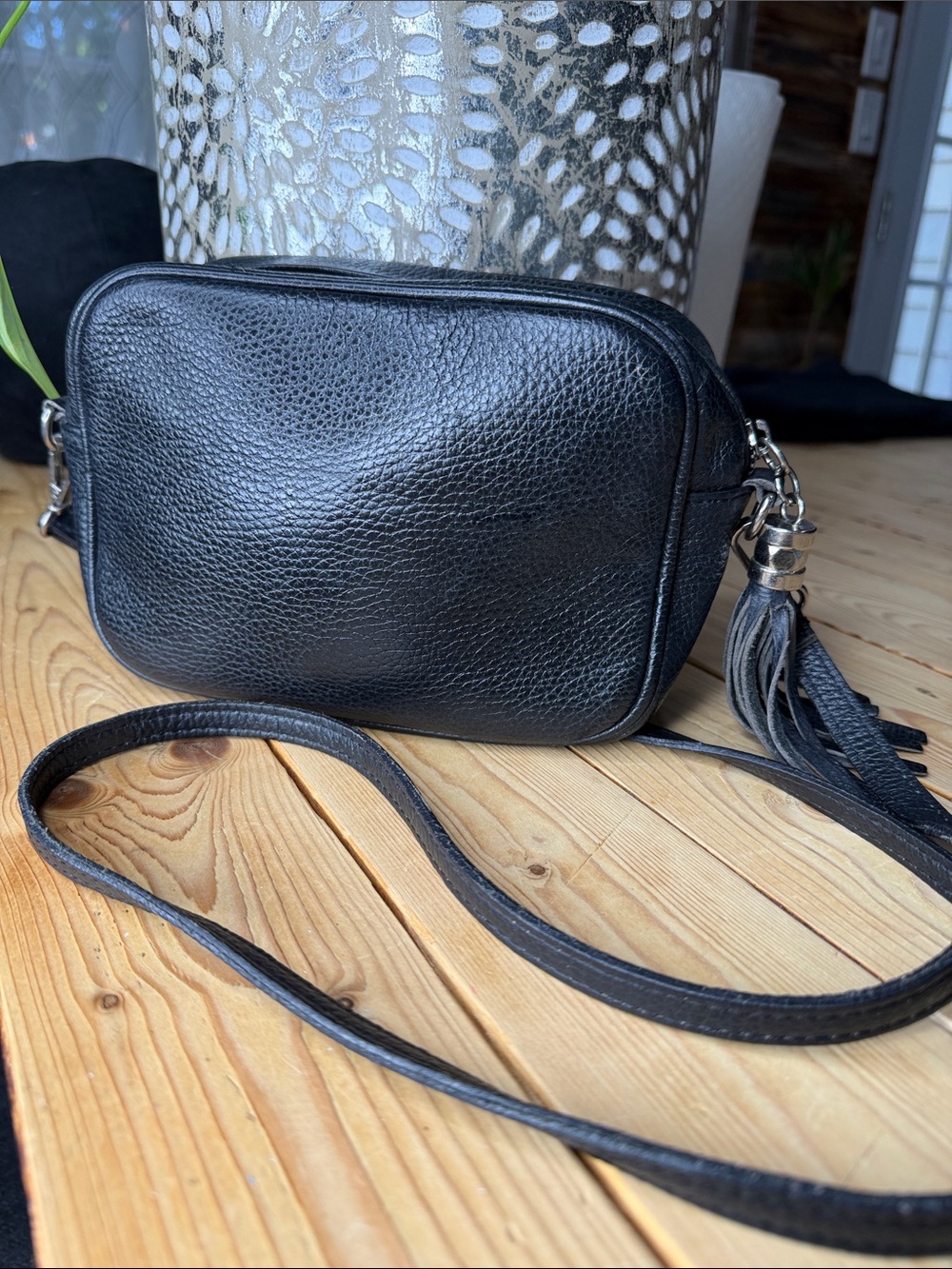 Authentic Black Leather Crossbody Bag with Tassel, Made in Italy